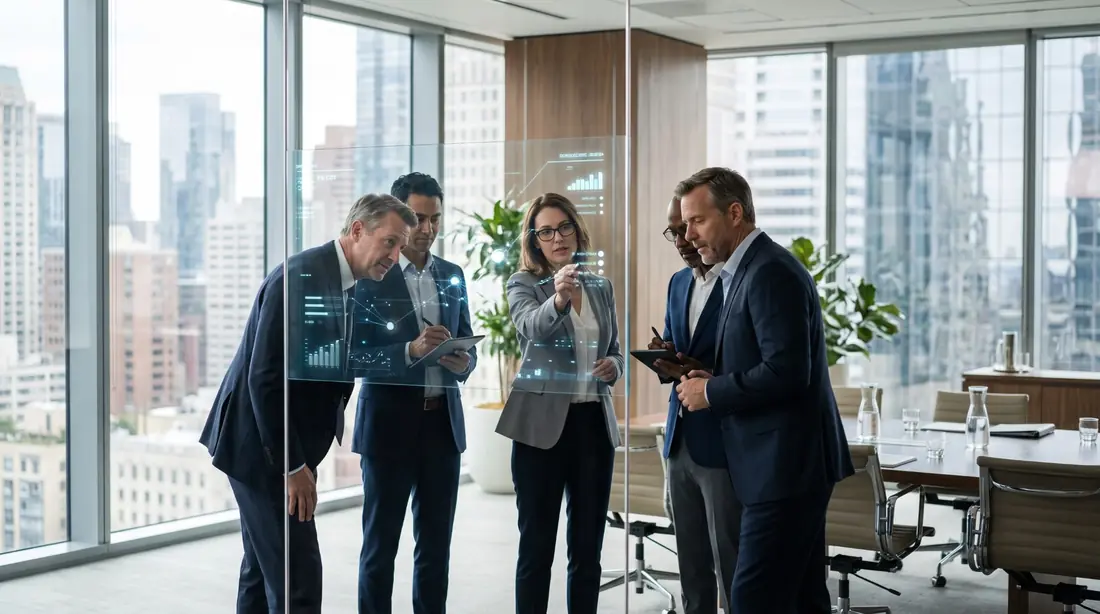 Leadership team reviewing data visualisations on a glass wall in a high-rise boardroom
